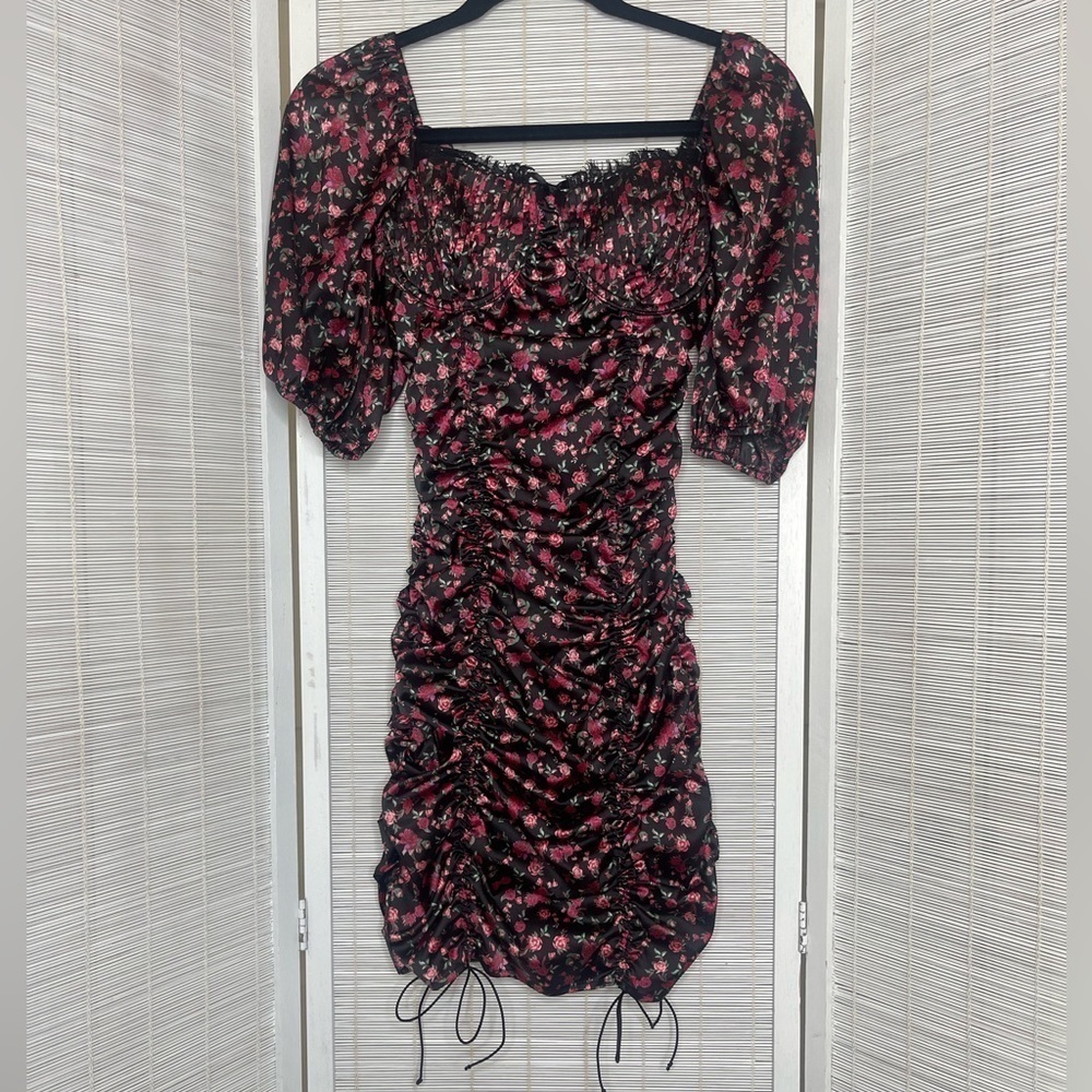 For Love & Lemons Melrose Floral Ruched Puff Sleeve Stretch Dress Size XS